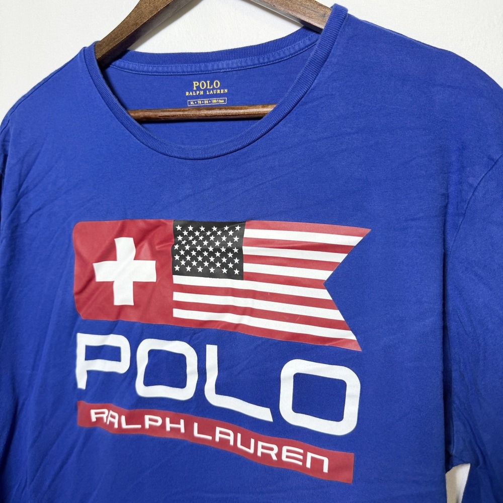 Polo Ralph Lauren Mens XL Blue Long Sleeve Graphic T-Shirt Flag Swiss Cross